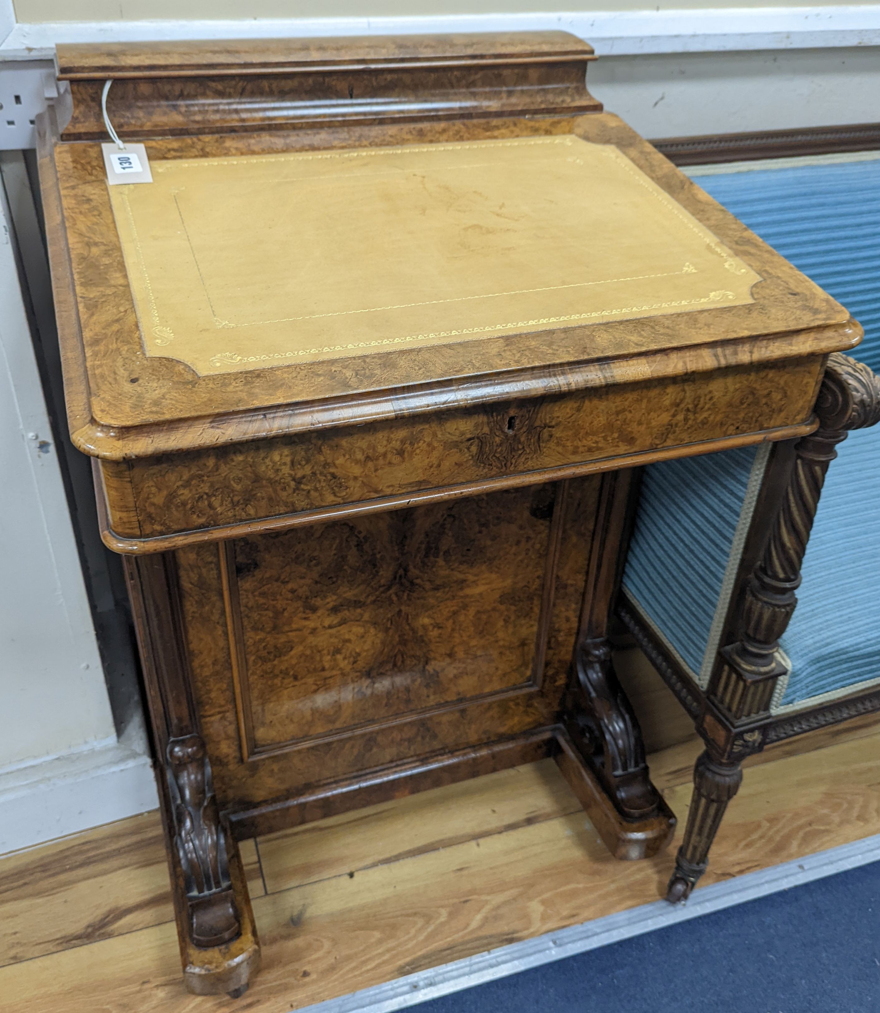 A Victorian burr walnut davenport, width 58cm, depth 58cm, height 85cm